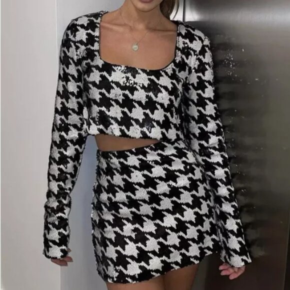 Zara Black & White Sequin Houndstooth Top & Skirt Set - Picture 1 of 5